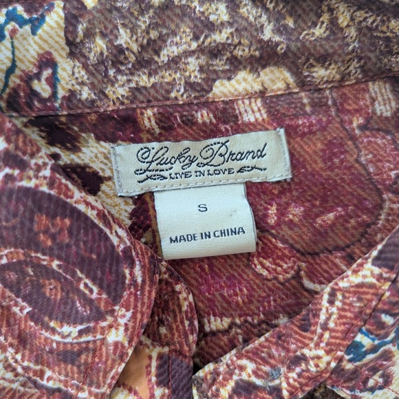 Lucky Brand Button Down Women S Brown Silk Patchwork Print Long Sleeve Blouse - Picture 7 of 11